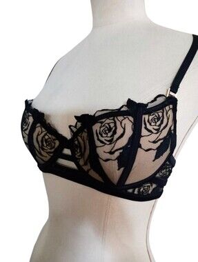 Pleasure State Eden Rose Demi-Bra Black Sketched Rose Embroidery Size 32D NWT